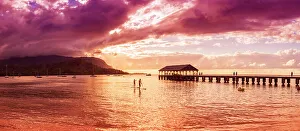 Kauai Prints: Pier at sunset Hanalei, Kauai, Hawaii, USA