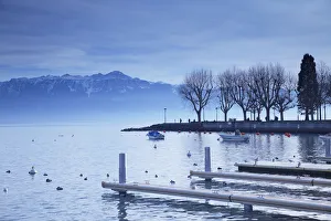 Piers on shore of Lake Leman, Ouchy, Lausanne, Vaud, Switzerland