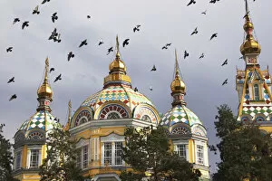 Images Dated 29th January 2010: Pigeons flying over Zenkov Cathedral, Almaty, Kazakhstan