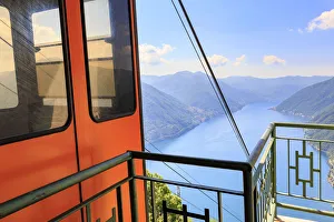 Cable Cars Prints: Pigra cable car in an elevated position above Como Lake. Pigra, Val d Intelvi