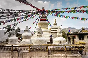 Prayer Flags Prints: Pilgrim at Namo Buddha Stupa, Kathmandu Valley, Nepal