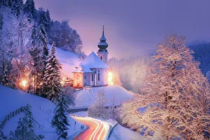 Images Dated 24th February 2023: Pilgrimage church Maria Gern in winter and Watzmann in background, Berchtesgaden, Bavaria