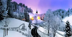 Oberbayern Prints: Pilgrimage church Maria Gern in winter and Watzmann in background