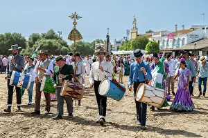 Rocio Prints: Pilgrims playing flute and drums, El Rocio pilgrimage, El Rocio, Huelva, Andalusia, Spain