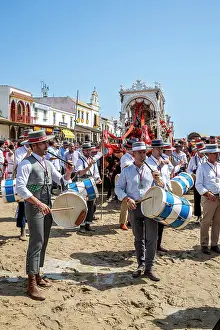 Rocio Prints: Pilgrims playing flute and drums, El Rocio pilgrimage, El Rocio, Huelva, Andalusia, Spain