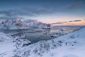 The pink colors of sunset and snowy peaks surround the fishing villages Reine Nordland The pink colors of sunset and snowy peaks surround the fishing villages Reine Nordland