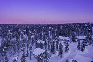 Kittila Prints: Pink sky and full moon, over Saariselka, Inari, Lapland, Finland