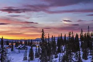 Pink sky at sunrise Rorvik BA'A¸rgefjell National Park TrA'A¸ndelag Norway Europe