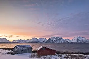 Pink sky at sunset on the wooden huts called Rorbu framed by frozen sea and snowy peaks Djupvik Lyngen Alps Tromso Norway Europe