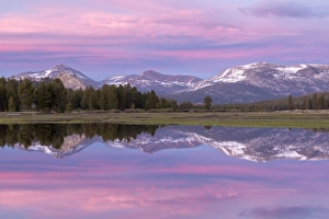 Pink sunset sky above Tuolumne Meadows, Yosemite National Park, California, USA. Spring