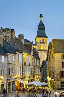 Sitting Prints: Place de la LibertA and tower of CathA drale Saint-Sacerdos at dusk, Sarlat-la-CanA da