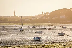 Low Tide Prints: Plage Sainte-Anne at low tide with view to Saint-Pol-de-Leon, Finistere, Brittany, France