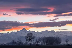 Plain Piedmont, Piedmont, Turin, Italy. Sunset on Monviso seen from Piedmont plain