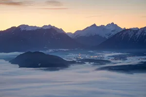 Tiroler Prints: The Plateau of Mieming seen from MAosern at dusk, MAosern, Telfs, Innsbruck-Land, Tyrol