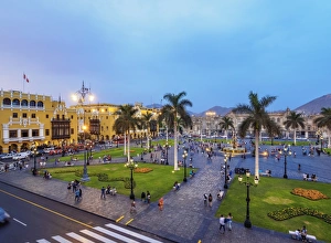 Plaza de Armas at twilight, elevated view, Lima, Peru