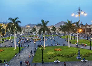 Plaza de Armas at twilight, elevated view, Lima, Peru