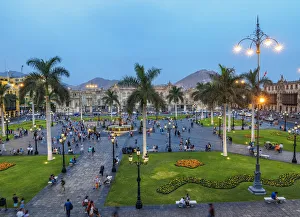 Peruvian Gallery: Plaza de Armas at twilight, elevated view, Lima, Peru