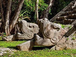 Masonry Prints: Plumed Serpents at The Ossuary, Chichen Itza, Yucatan State, Mexico