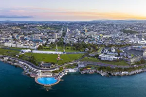 Plymouth, city skyline, Hoe park and lighthouse, Plymouth Sound, Devon, England