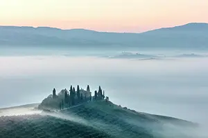 Mist Filled Val Dorcia Prints: Podere Belvedere and mist-filled Val d'Orcia at dawn