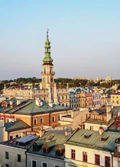 Poland, Lublin Voivodeship, Zamosc, Elevated view of the Old Town with City Hall