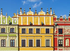 Poland, Lublin Voivodeship, Zamosc, Old Town, Colourful Houses on the Market Square