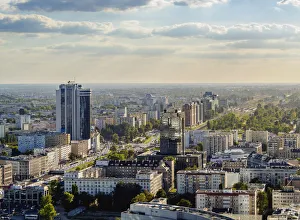 Poland, Masovian Voivodeship, Warsaw, City Center, Skyline seen from the Palace of