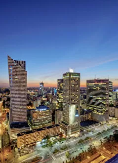 Images Dated 24th March 2017: Poland, Masovian Voivodeship, Warsaw City Center Skyscrapers at twilight