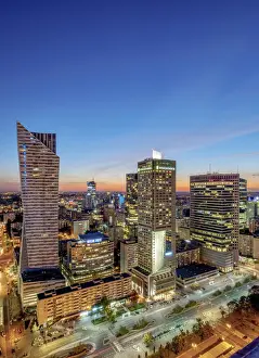 Poland, Masovian Voivodeship, Warsaw City Center Skyscrapers at twilight