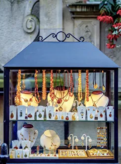 Poland, Pomeranian Voivodeship, Gdansk, Old Town, Amber Jewellery display on Mariacka