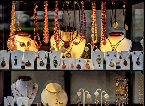 Images Dated 24th March 2017: Poland, Pomeranian Voivodeship, Gdansk, Old Town, Amber Jewellery display on Mariacka