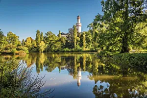 Castle Tower Prints: Pond in the castle park of Bad Homburg in front of the height with the white tower
