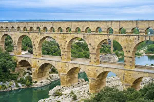 Aquaduct Prints: Pont du Gard and the Gard River in early morning, Gard Department, Languedoc-Roussillon