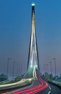 Light Trails Prints: Pont de Normandie Bridge at Night, Normandy, France
