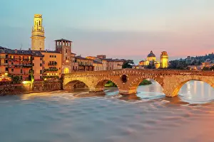 Historic Centre Prints: Ponte Pietra at dusk, with the bell tower of Verona Cathedral on the left and San Giorgio in Braida on the right