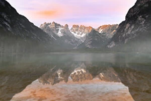 Pink Gallery: Popena group and Monte Cristallo reflected in lake Landro (Durrensee)