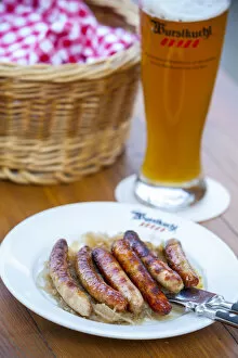 Images Dated 24th August 2015: Pork Sausages & sauerkraut at the historic Wurstkuchl, Regensburg, Upper Palatinate
