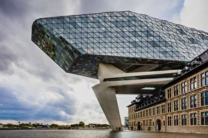 Flemish Region Prints: Port Authority by Zaha Hadid in Antwerp at sunset, Belgium