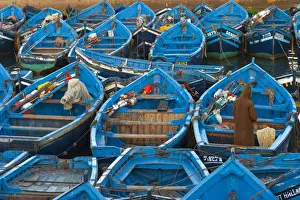 Painted Prints: Port, Essaouira, Morocco. Typical blue portoguese boats moored at the port