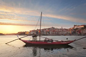 Port wine boats moored on the south bank of Douro River, Porto, Portugal