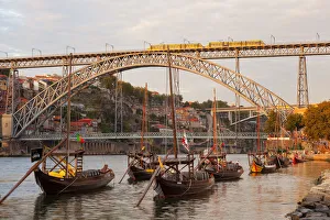 Port wine boats moored on the south bank of Douro River, Porto, Portugal