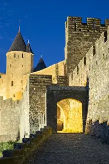 City Gate Prints: Porte d Aude city gates entrance to medieval citadel of La Cite at night