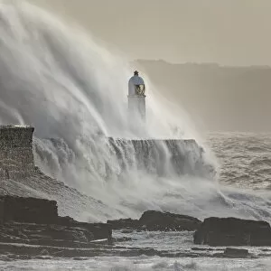 Porthcawl Lighthouse battered by Storm Ciara, Porthcawl, Mid Glamorgan, Wales