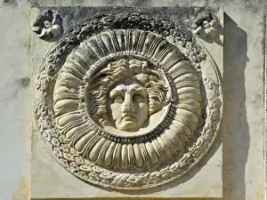 Portico Prints: Detail of the Portico of the Roman Forum in Merida depicting Medusa. Spain