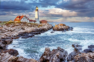 Cove Prints: Portland Head Lighthouse, Cape Elizabeth, Sunset Portland Maine, New England, USA