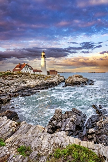 Rocky Coast Prints: Portland Head Lighthouse, Cape Elizabeth, Sunset Portland Maine, New England, USA