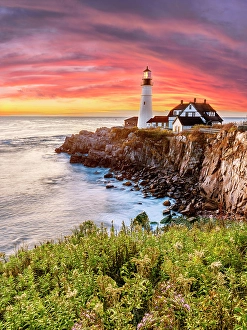 Cove Prints: Portland Head Lighthouse, Cape Elizabeth, Sunrise Portland Maine, New England, USA