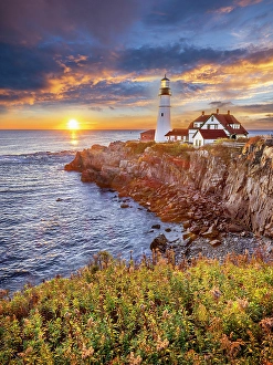 Rocky Coast Prints: Portland Head Lighthouse, Cape Elizabeth, Sunrise Portland Maine, New England, USA
