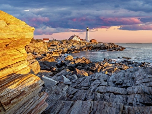 Rocky Coast Prints: Portland Head Lighthouse, Cape Elizabeth, Sunrise Portland Maine, New England, USA