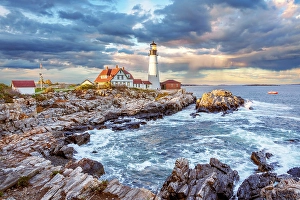 Cove Prints: Portland Head Lighthouse, Cape Elizabeth, Sunset Portland Maine, New England, USA